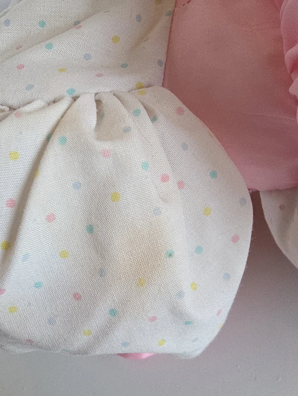 Vintage 90s' Fisher Price Puffalump Baby Doll Pink Polka Dots Green Bib Blonde